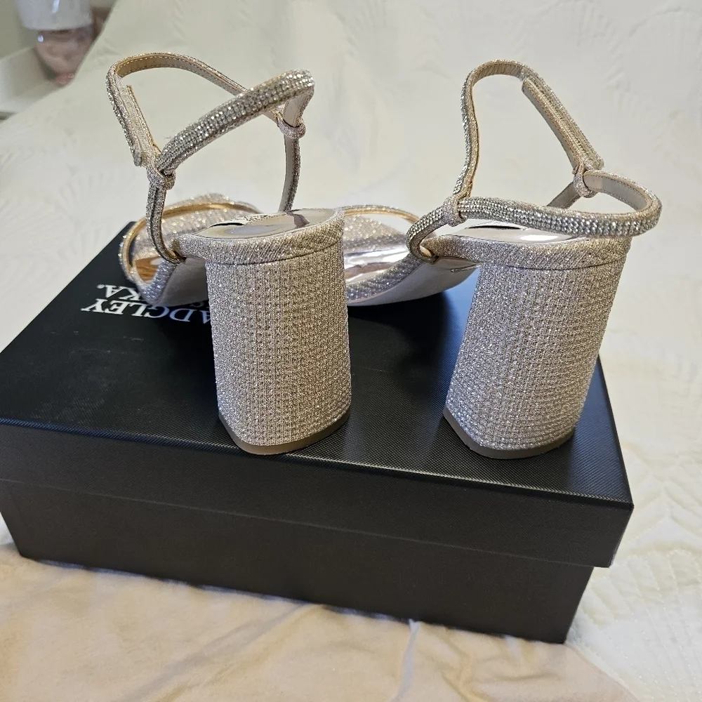 BLADGLY MISCHKA Fiery Pale Gold Bejeweled Block Heel Sandal NIB